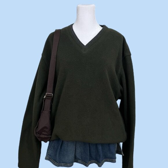 dark green essential basic y2k vneck fleece sweater skate grunge boyfriend - Picture 1 of 8